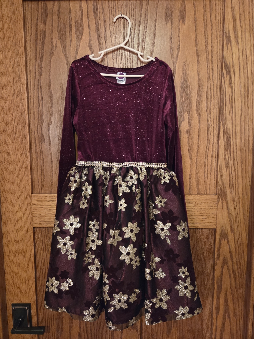 Dollie & Me Burgundy Velvet Dress with Gold Floral Skirt